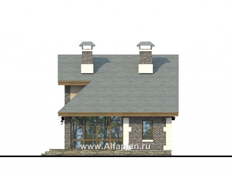 Проекты домов Альфаплан - «Замечательный сосед» - проект дома с мансардой из газоблоков, с террасой, с нaвесом на 2 авто - превью фасада №2