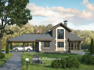 Проекты домов Альфаплан - «Замечательный сосед» - проект дома с мансардой из газоблоков, с террасой, с нaвесом на 2 авто - превью основного изображения