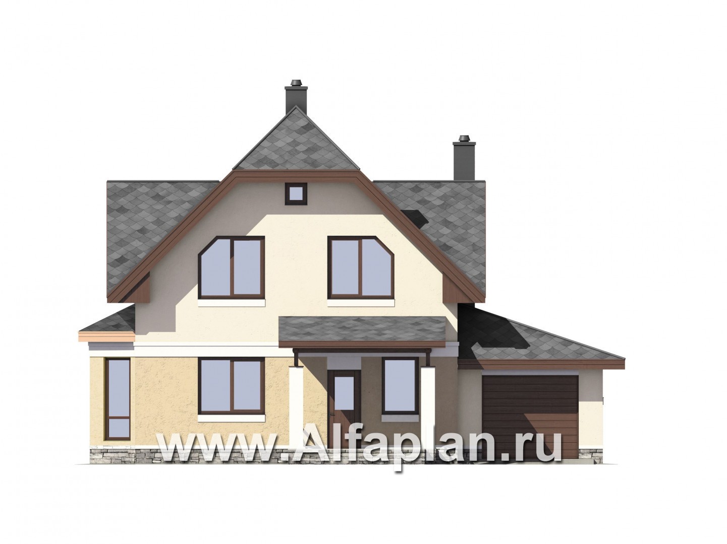 Проект дома с мансардой, планировка с террасой и кабинетом на 1 эт, с эркером и с гаражом на 1 авто - фасад дома