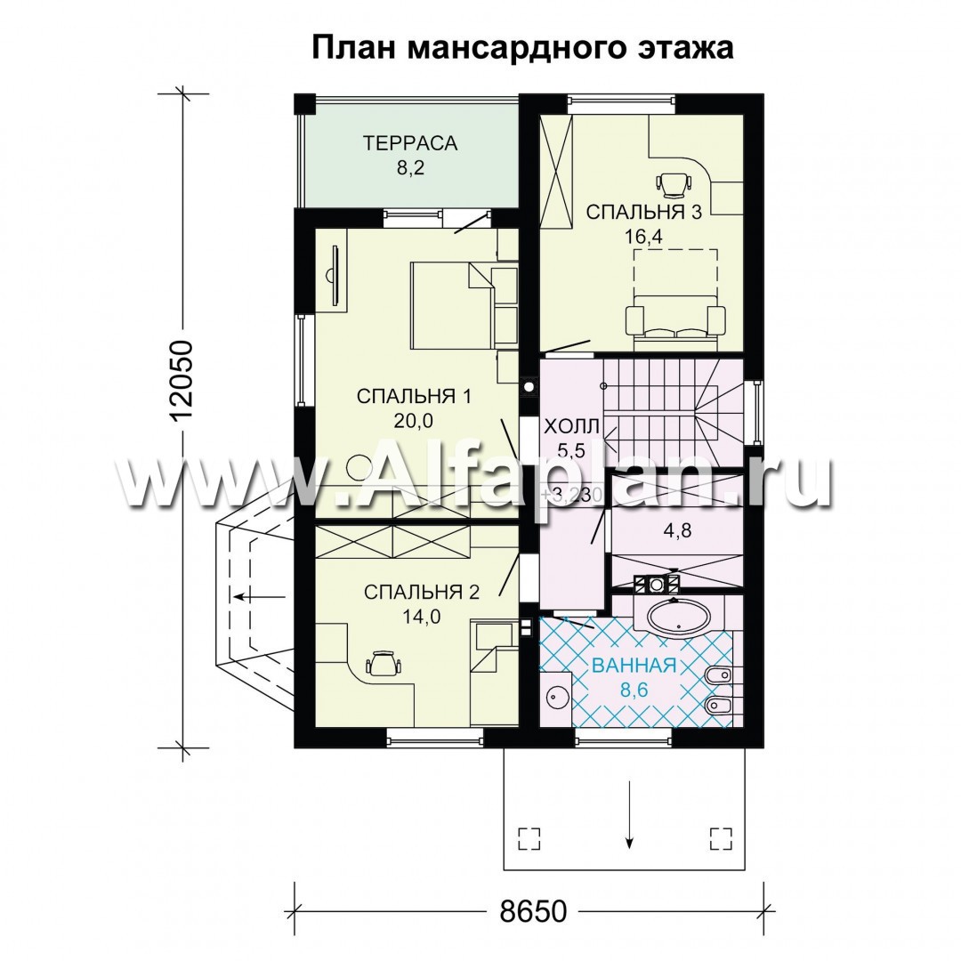 Проект дома с мансардой, планировка с террасой и кабинетом на 1 эт, с эркером и с гаражом на 1 авто - план дома