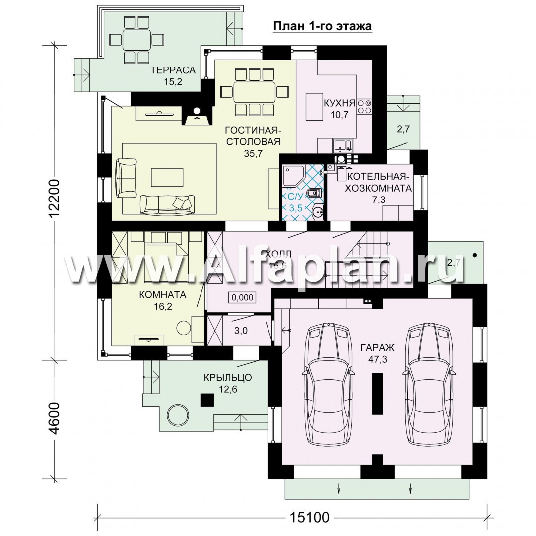 Проекты домов Альфаплан - Двухэтажный дом с угловым остеклением - план проекта №1