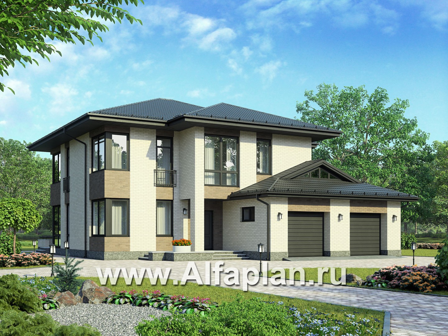Проекты домов Альфаплан - Двухэтажный дом с угловым остеклением - основное изображение