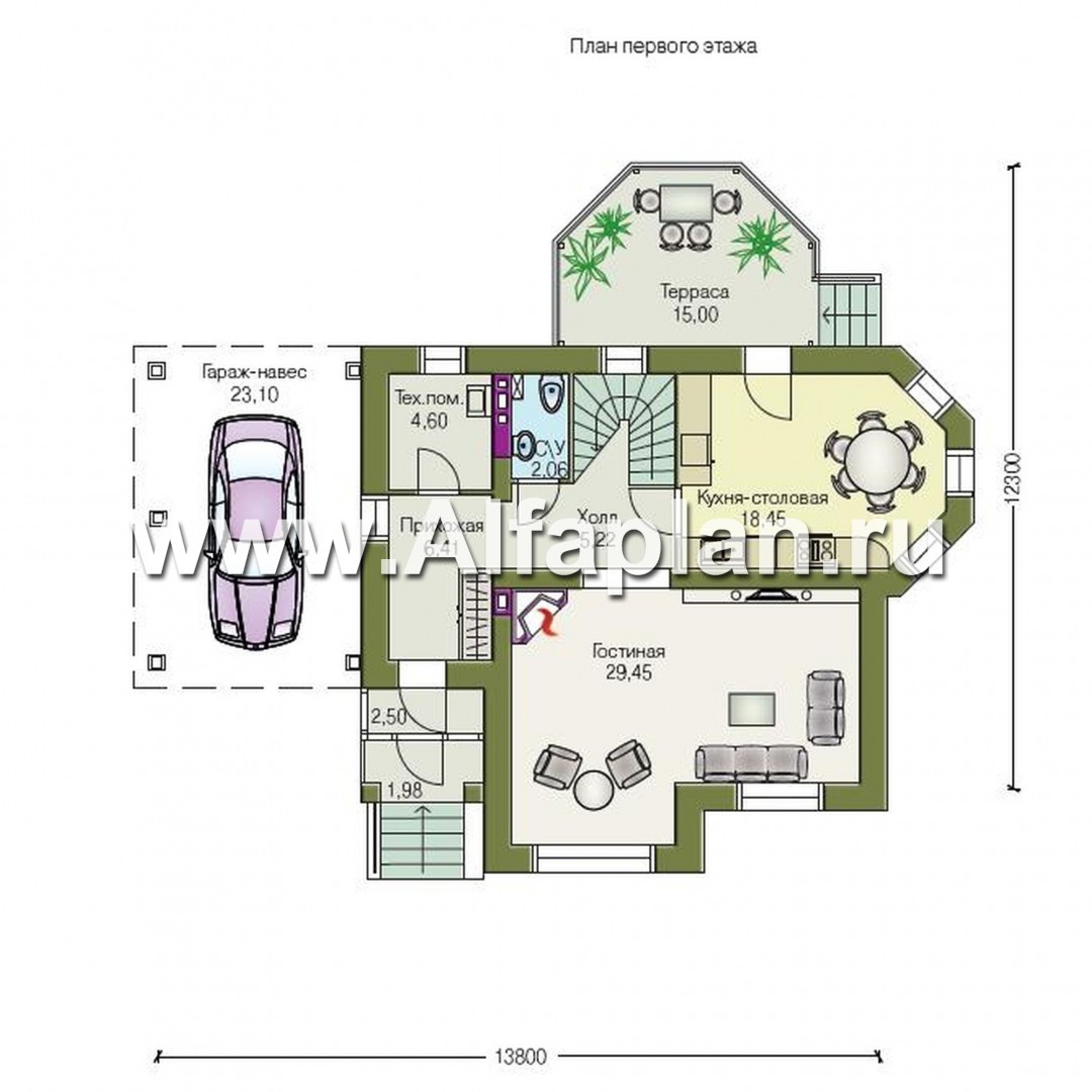 Проекты домов Альфаплан - «Гармония» - двухэтажный коттедж с навесом для машины и террасой - план проекта №1