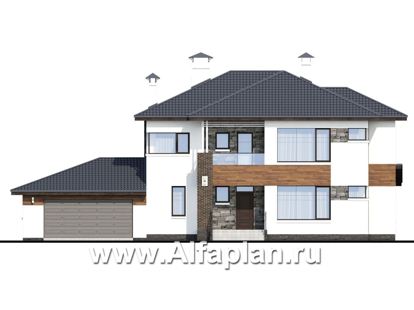 Проекты домов Альфаплан - «Прайд» - современный коттедж с остекленной верандой и гаражом - изображение фасада №1