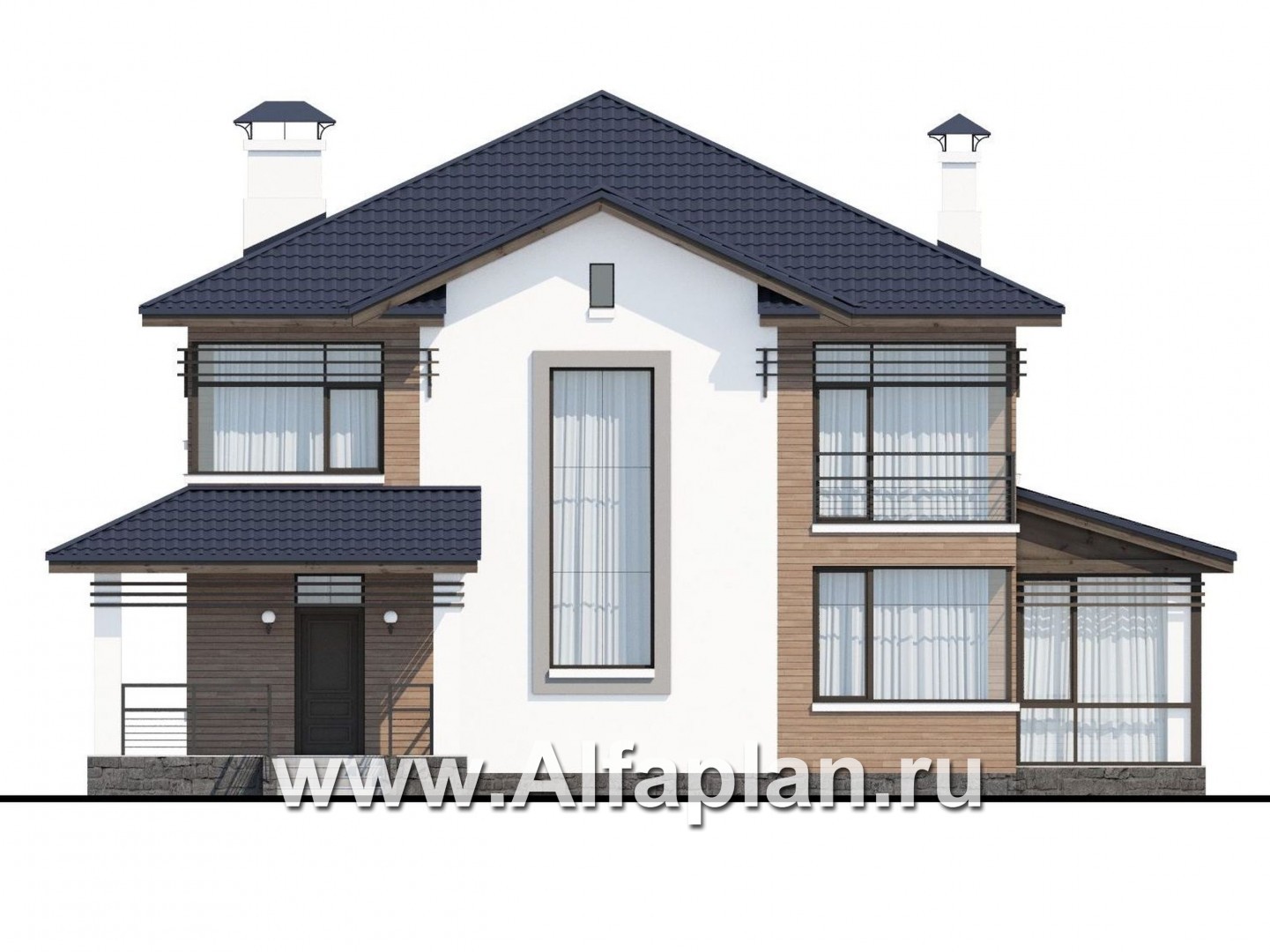 Проекты домов Альфаплан - «Рассвет»- коттедж с большой верандой и  красивыми угловыми окнами - изображение фасада №1