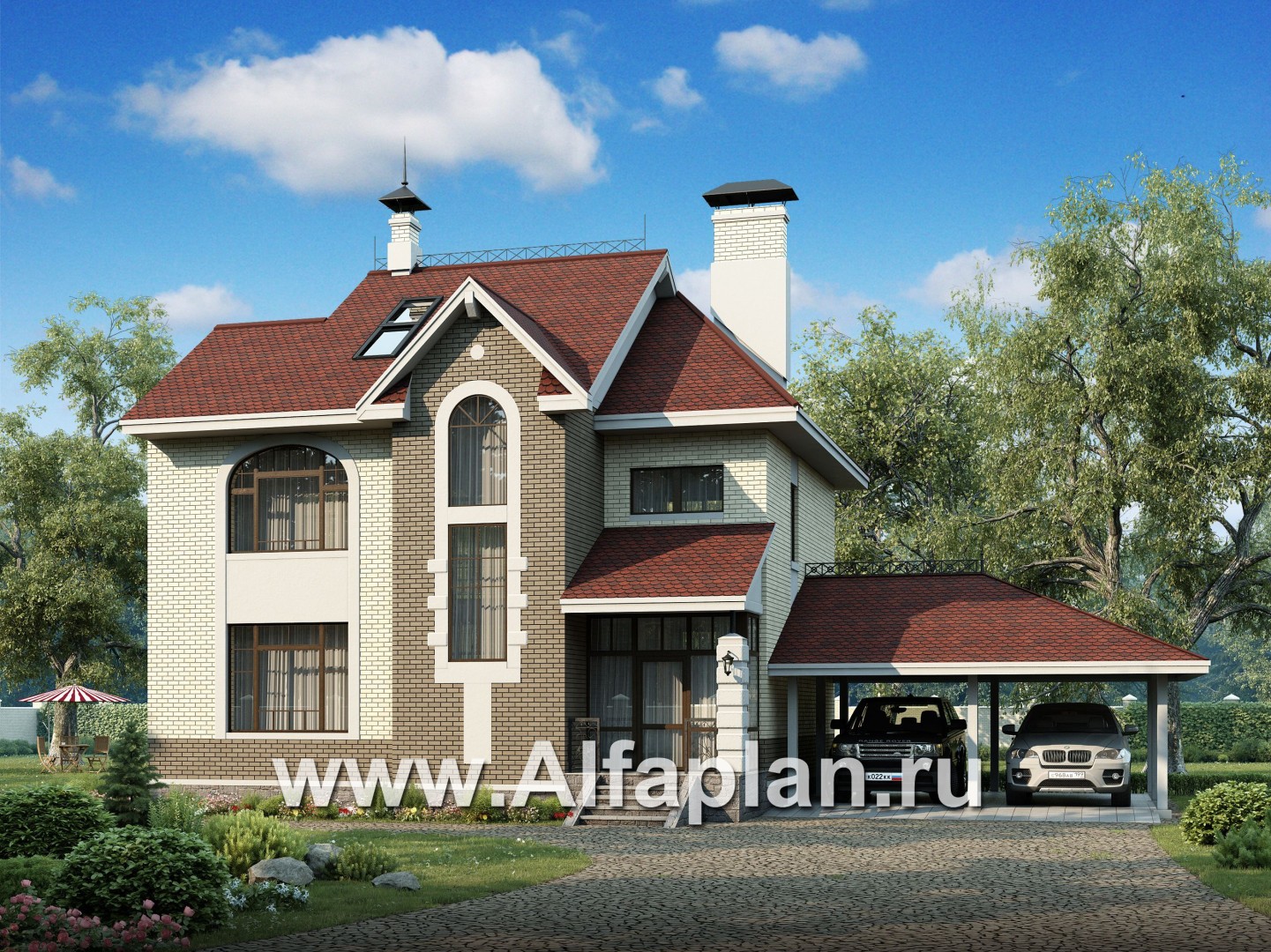 Проекты домов Альфаплан - «Дипломат Плюс» - дом с бильярдной и гаражом-навесом - основное изображение