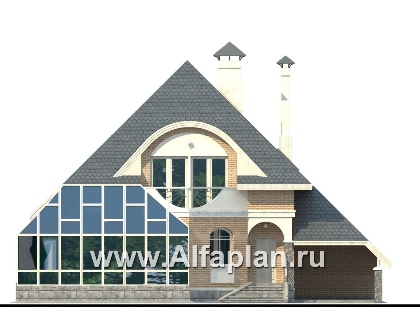 Проекты домов Альфаплан - «Кристалл» - загородный дом с оранжереей - изображение фасада №1