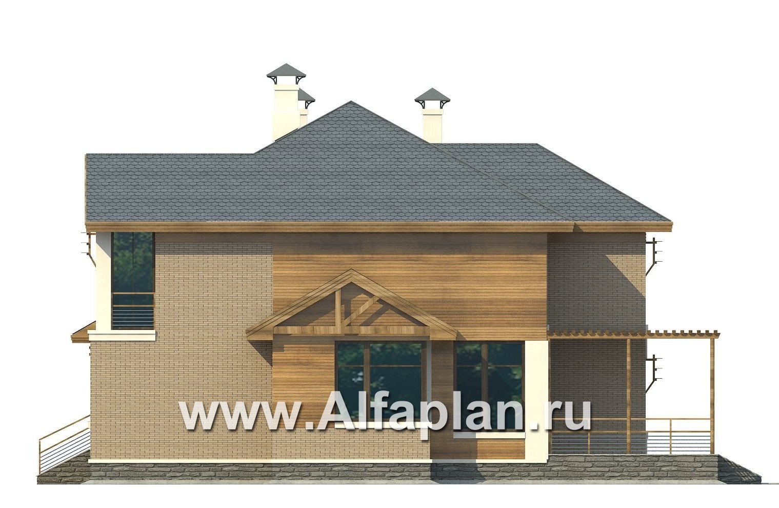 Проекты домов Альфаплан - «Вектор» - проект двухэтажного дома из газобетона с кабинетом и с террасой - изображение фасада №2