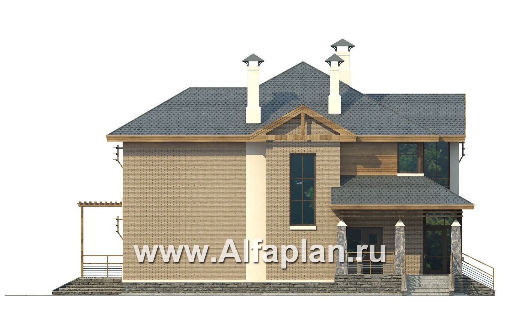 Проекты домов Альфаплан - «Вектор» - проект двухэтажного дома из газобетона с кабинетом и с террасой - изображение фасада №3