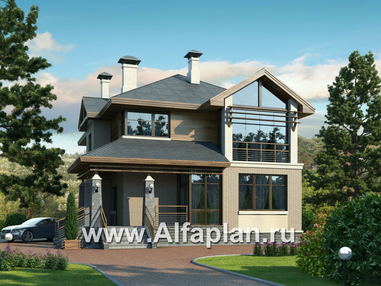 Проекты домов Альфаплан - «Вектор» - проект двухэтажного дома из газобетона с кабинетом и с террасой - основное изображение