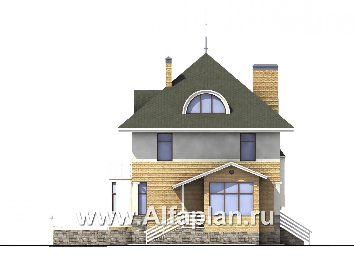 Проекты домов Альфаплан - «Дом светлячка» - трехэтажный дом с мансардой - изображение фасада №2