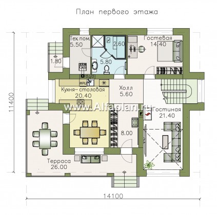 Проекты домов Альфаплан - «Роман с камнем» — двухэтажный коттедж с двусветной гостиной - превью плана проекта №1
