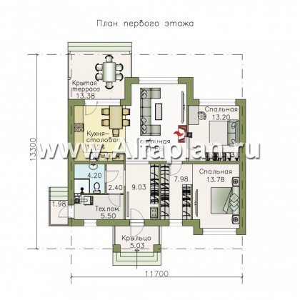 Проекты домов Альфаплан - «Бирюса» - одноэтажный коттедж для небольшой семьи - превью плана проекта №1
