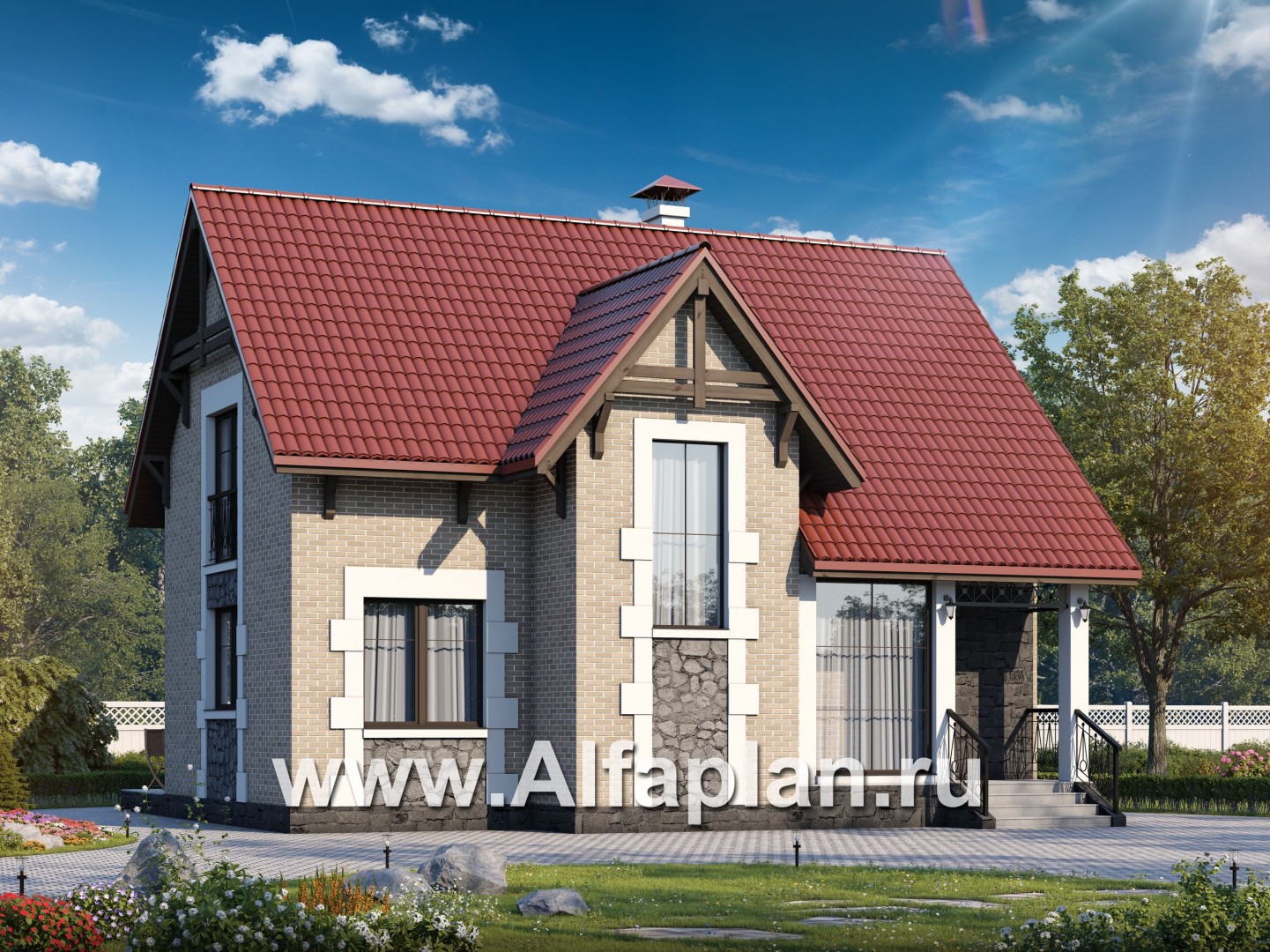 Проекты домов Альфаплан - Коттедж из кирпича «Высокая орбита» с современной планировкой - основное изображение