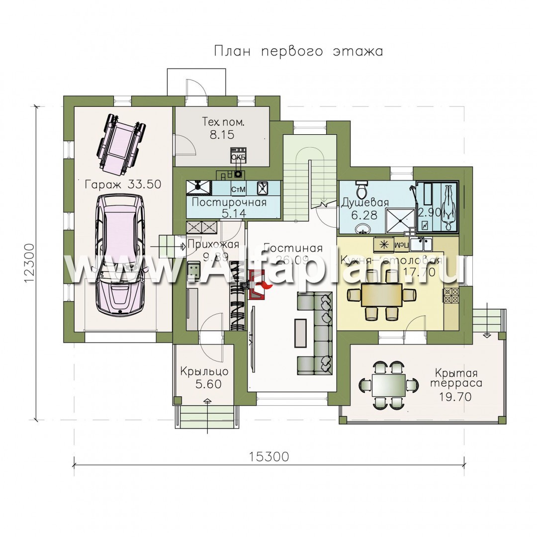Проекты домов Альфаплан - «Модерн» - изящный коттедж с гаражом в стиле Серебряного века - изображение плана проекта №1