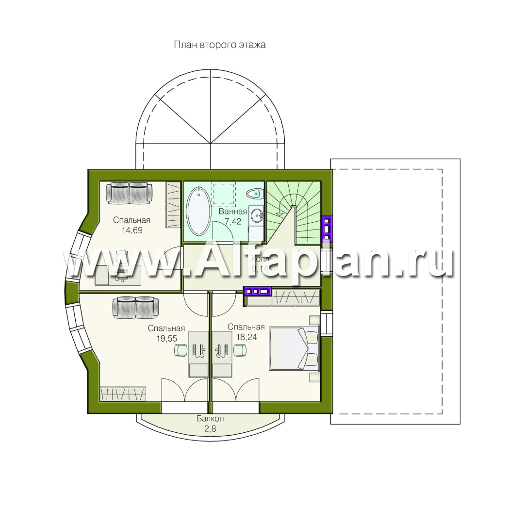 Проекты домов Альфаплан - «Боген» - оригинальный коттедж с полукруглой гостиной - план проекта №2