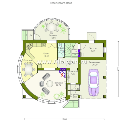Проекты домов Альфаплан - «Боген» - оригинальный коттедж с полукруглой гостиной - превью плана проекта №1