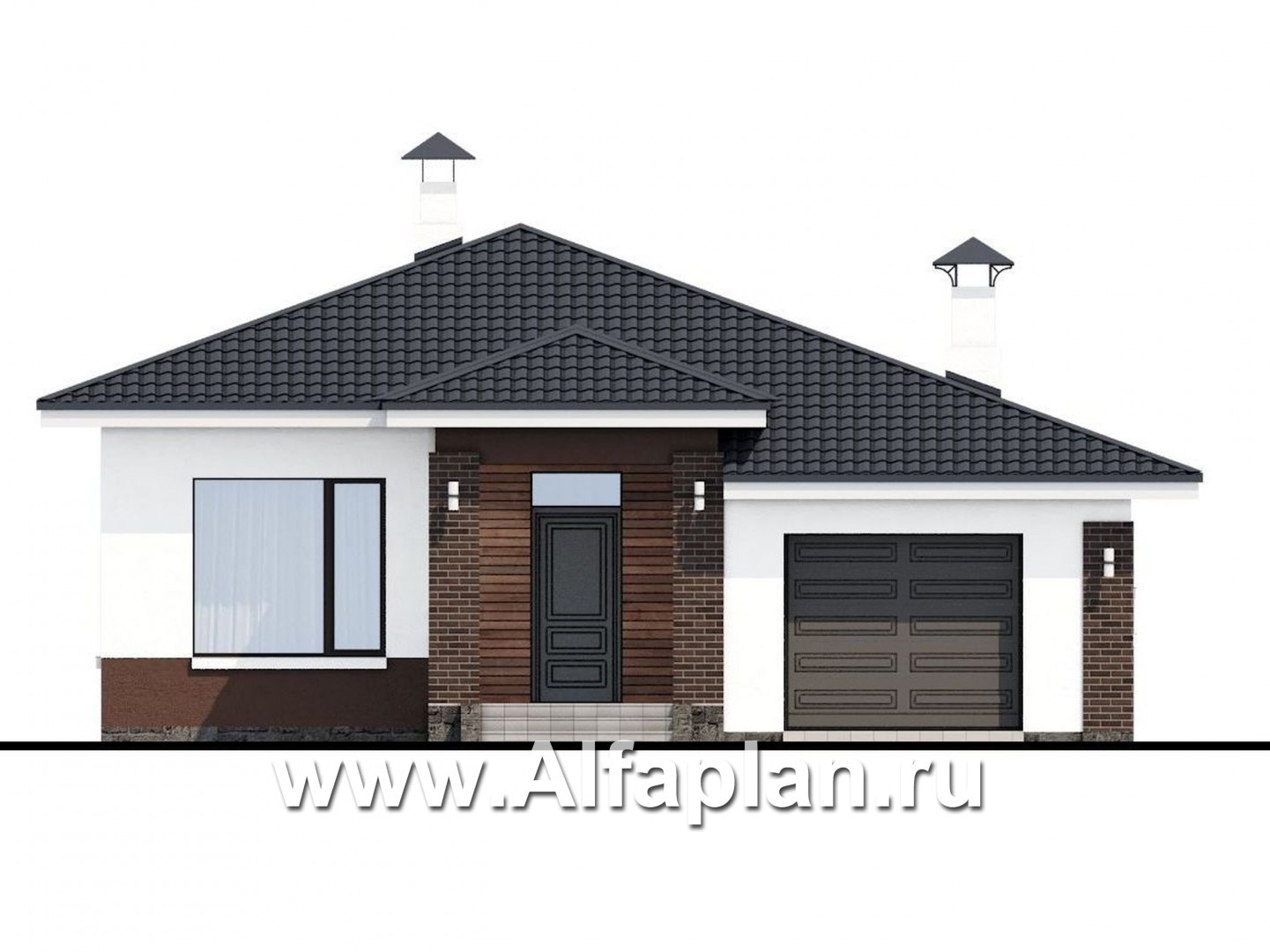 Проекты домов Альфаплан - «Каллиопа» - одноэтажный дом с террасой и гаражом (две спальни) - изображение фасада №1