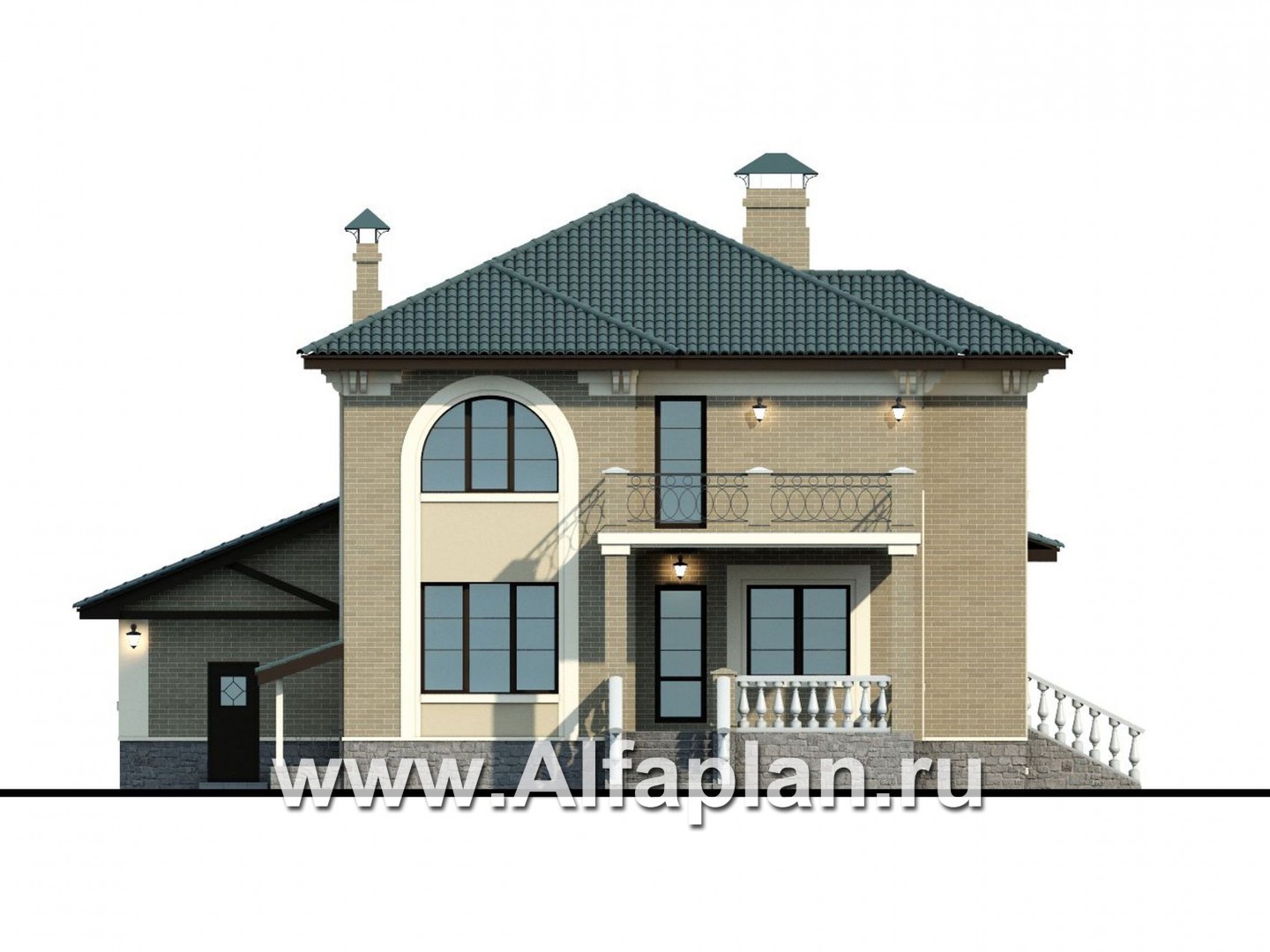 Проекты домов Альфаплан - «Беатрис плюс»- респектабельный коттедж с цокольным этажом - изображение фасада №4