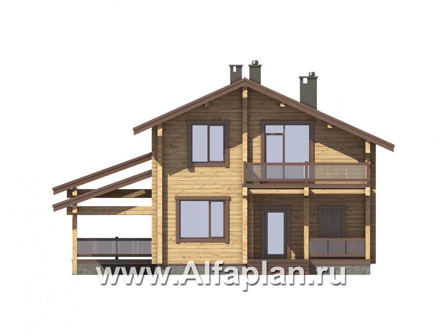 Проекты домов Альфаплан - Дом из бруса с навесом для машины и угловой террасой - изображение фасада №4