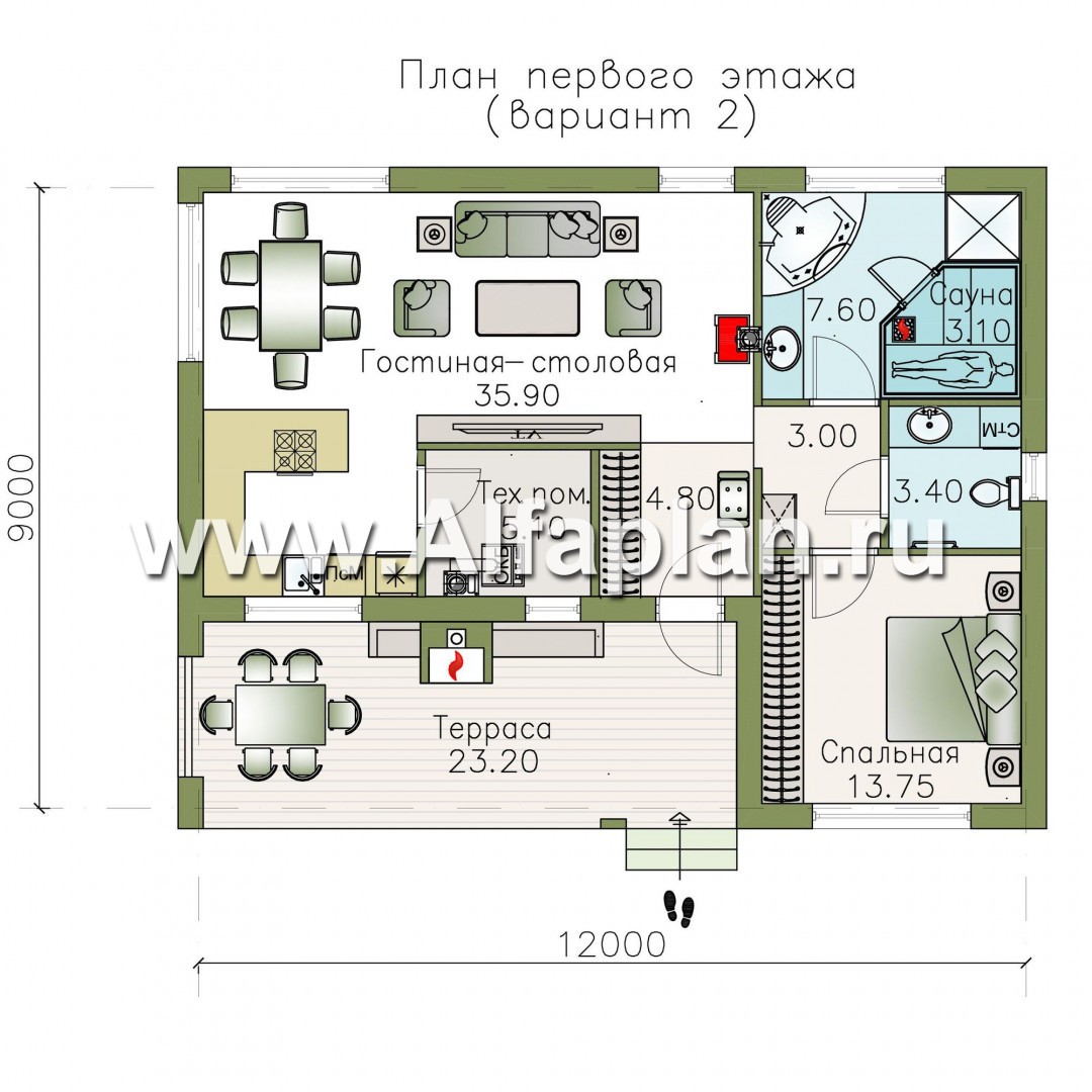 Проекты домов Альфаплан - «Бета» - стильный каркасный коттедж с террасой - план проекта №2