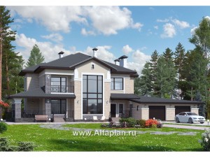 Проекты домов Альфаплан - «Арно» - проект двухэтажного дома,  с двусветной гостиной, с террасой, с гаражом на 2 авто - превью основного изображения