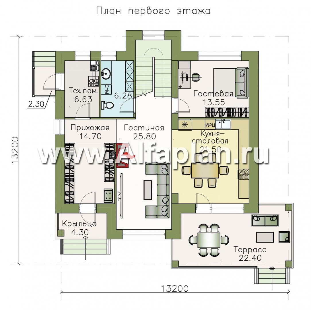 Проекты домов Альфаплан - «Светлая полоса» - современный двухэтажный коттедж с верандой - изображение плана проекта №1