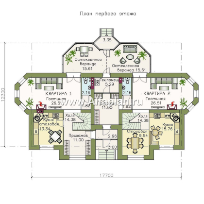 «Эйваро плюс» - дуплекс, проект двухэтажного дома на две семьи - превью план дома