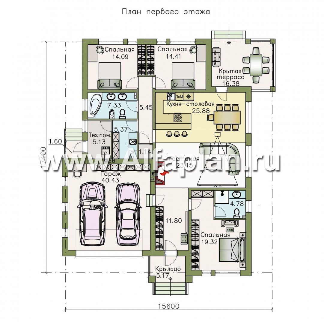 Проекты домов Альфаплан - «Днестр» - одноэтажный коттедж с большим гаражом и террасой - изображение плана проекта №1