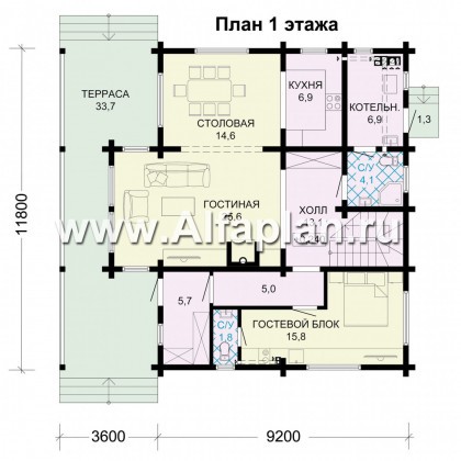 Проекты домов Альфаплан - Деревянный дом с гостевым блоком - превью плана проекта №1