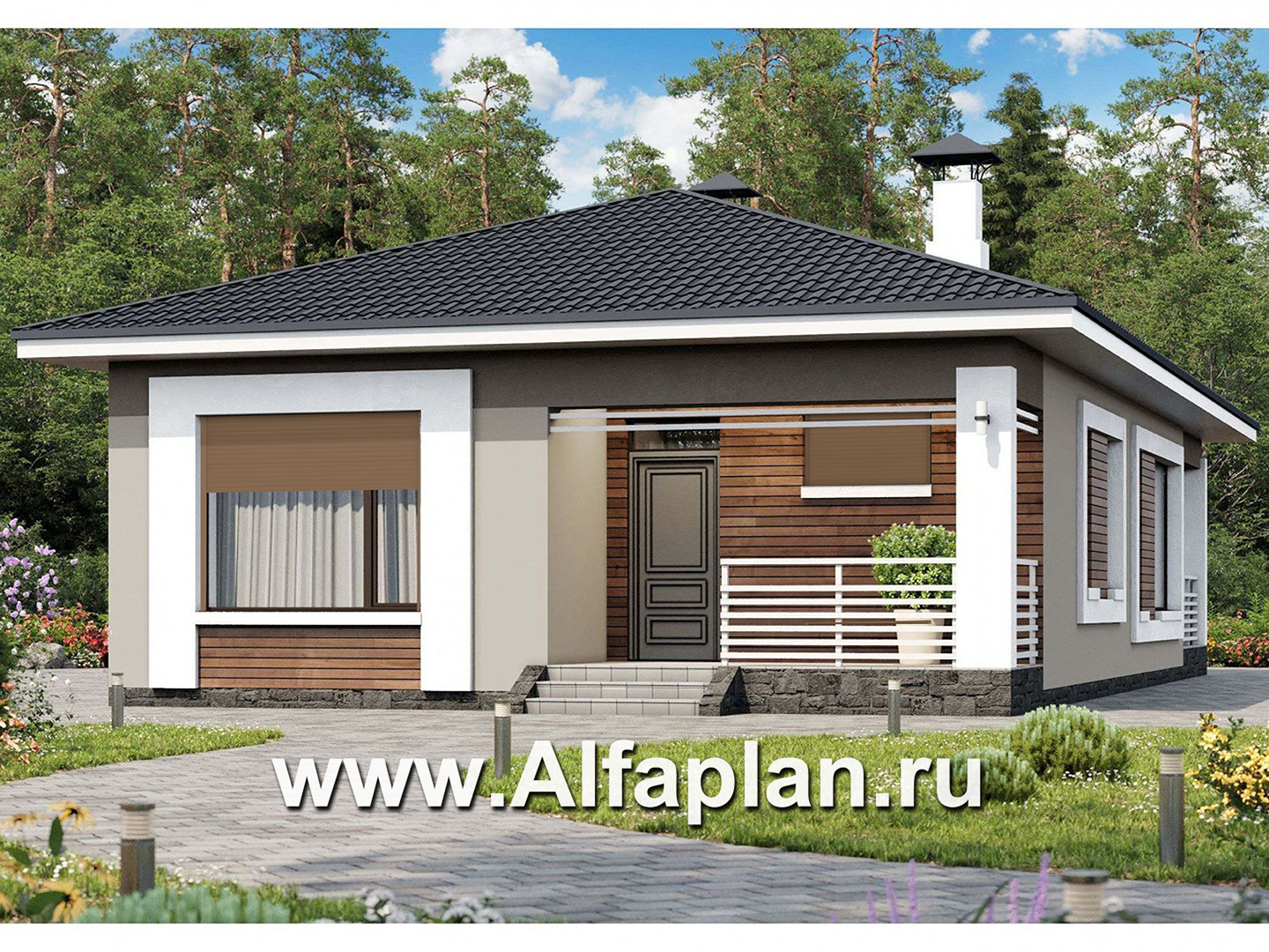 Проекты домов Альфаплан - «Каллиопа» - одноэтажный дом для узкого участка с тремя спальнями - основное изображение