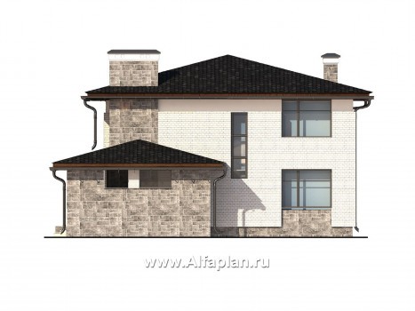 Проект дома с мансардой, планировка с кабинетом на 1 эт, с террасой, камин с трубой на фасаде, в стиле минимализм - превью фасада дома