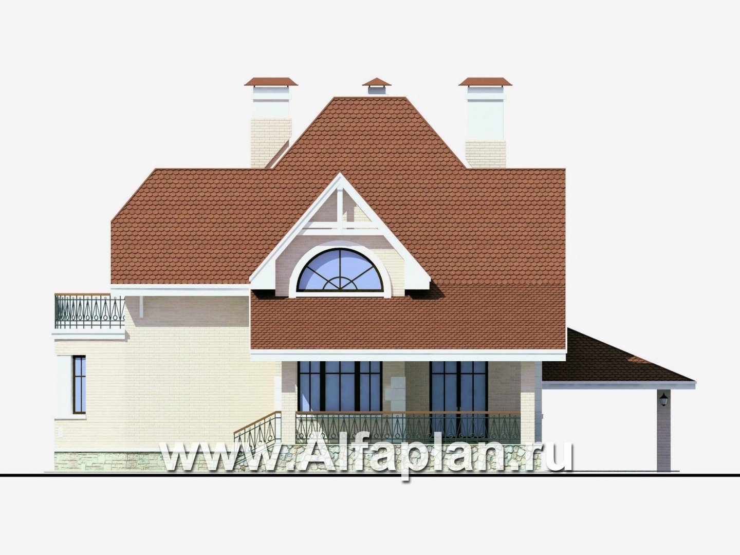 Проекты домов Альфаплан - «Ветер перемен»- коттедж с гаражом и навесом для автомобиля - изображение фасада №2