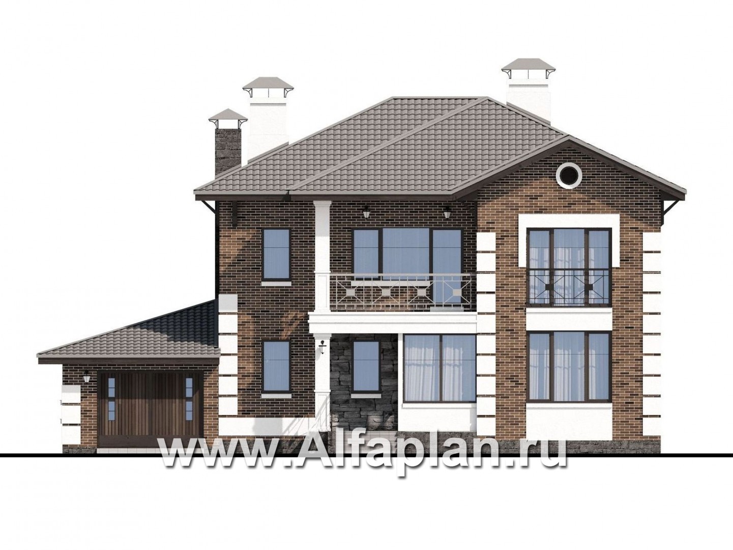 Проекты домов Альфаплан - «Седьмая высота» - стильный коттедж с гаражом и просторной верандой - изображение фасада №1