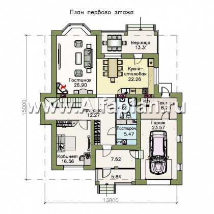 «Белоостров» - проект двухэтажного дома, планировка с кабинетом на 1 эт, с террасой и с гаражом на 1 авто - превью план дома