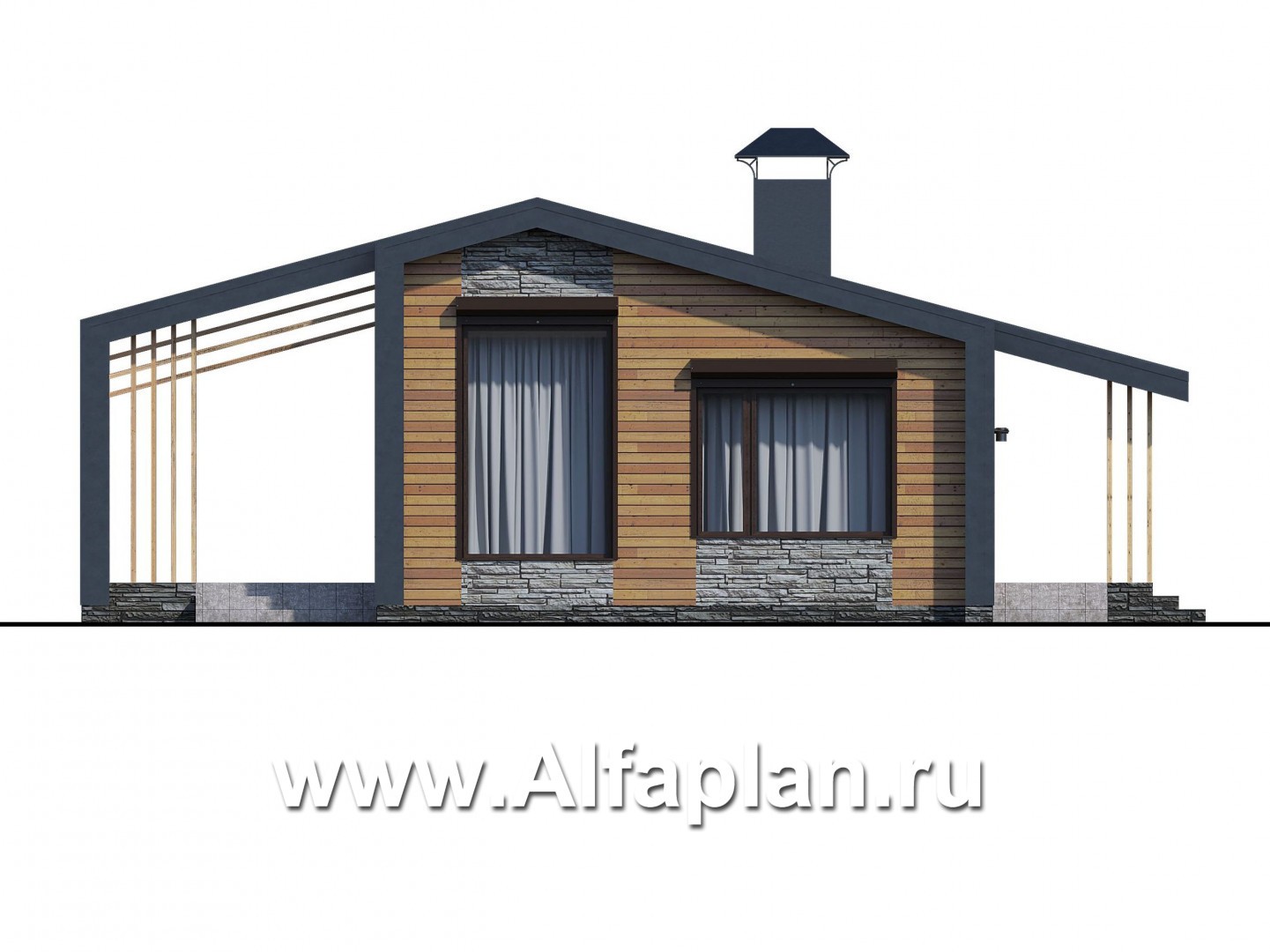 Проекты домов Альфаплан - «Каппа» -  проект одноэтажного дома, с террасой, в стиле барн, 2 спальни - изображение фасада №1